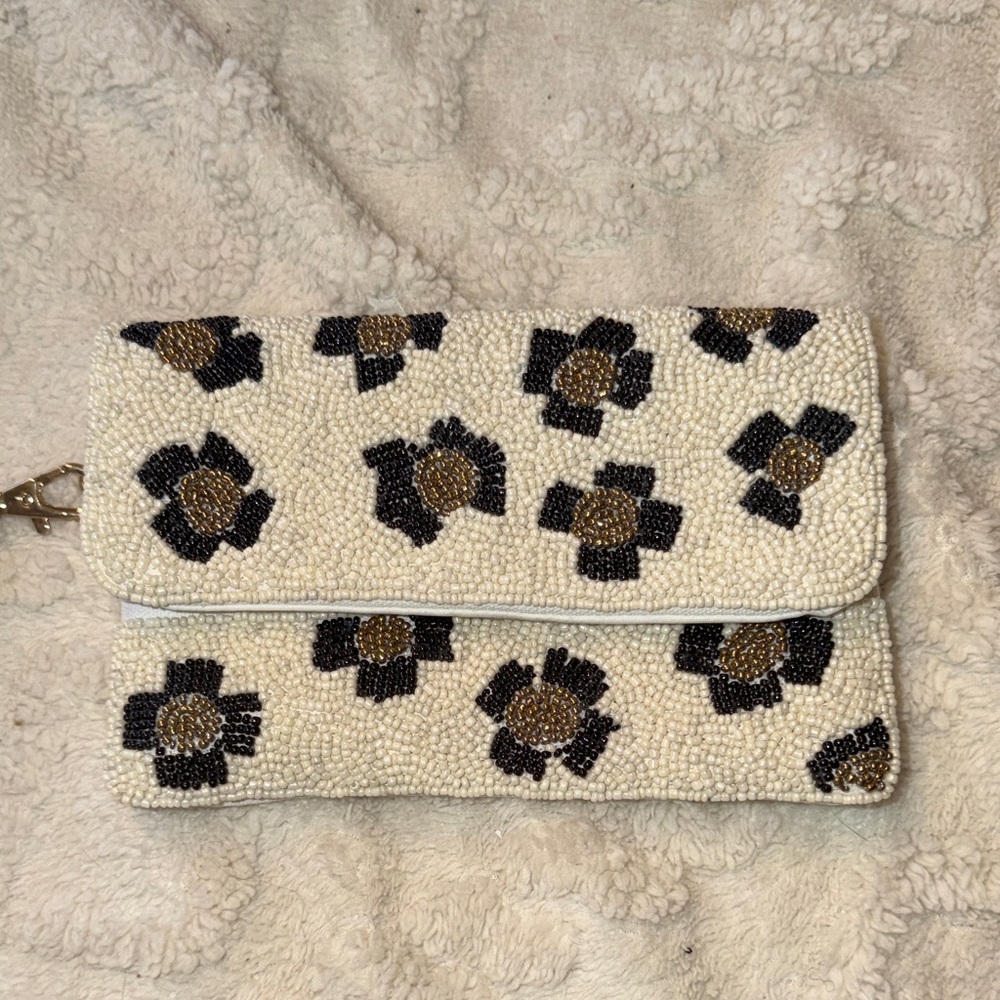 Elegant Cream and Black Beaded Foldover Wristlet (Leopard)